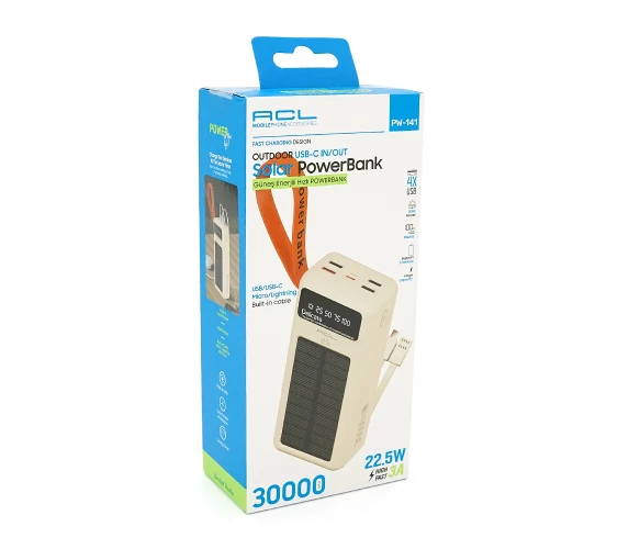Павербанк ACL PW-141 30000mAh Solar 22.5W з кабелями Type-C + Lightning
