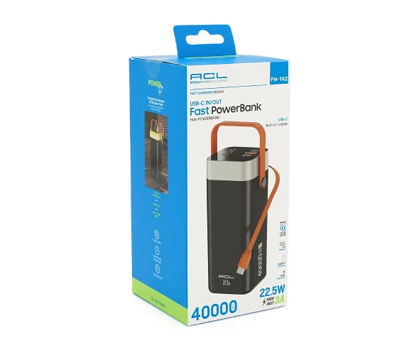 Павербанк ACL PW-142 40000mAh PD22.5W, 4xUSB + USB-C, 4 кабелі, ліхтарик